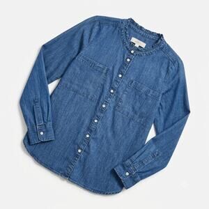 LOFT Ruffle Neck Chambray Shirt Blue Long Sleeve Lyocell Womens XS